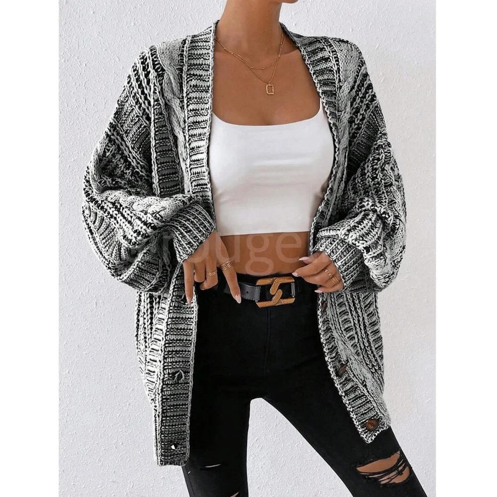 Oversized Grey Cable Knit Cardigan Long Sleeves Hip Length Buttoned - Picture 7 of 16
